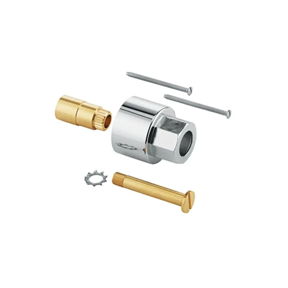 Kludi-Ersatzteil mit mehreren metallischen Komponenten, darunter eine verlängerbare Fittingeinheit, zwei Nägel und ein Sicherungsring.